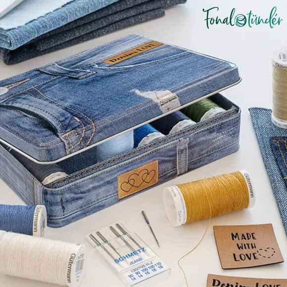 Gütermann Denim Box - farmervarró cérna készlet - tűvel és felvarrható cimkével fémdobozban