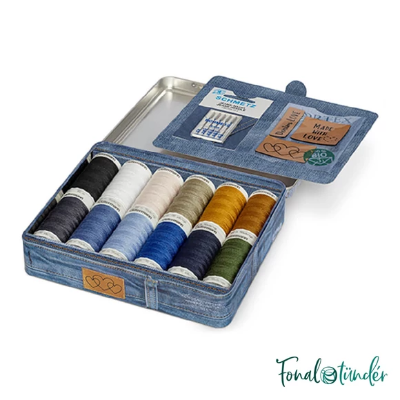 Gütermann Denim Box - farmervarró cérna készlet - tűvel és felvarrható cimkével fémdobozban