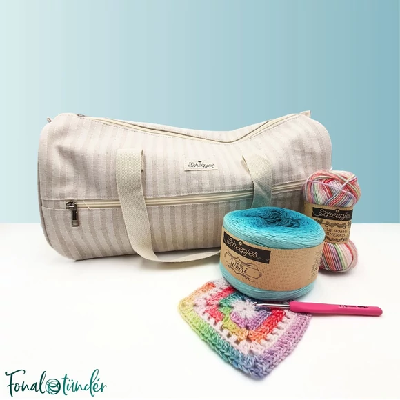 Scheepjes Knitbag - striped beige - Projekt Táska - csíkos vászon - kötéshez, horgoláshoz
