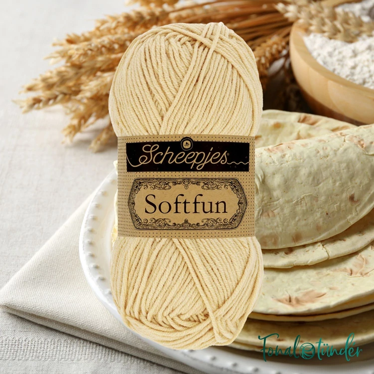 Scheepjes Softfun 2632 Tortilla -  light beige - sárgás drapp - pamut-akril fonal - yarn blend - 02