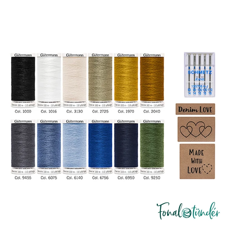 Gütermann Denim Box - farmervarró cérna készlet - tűvel és felvarrható cimkével fémdobozban - 02