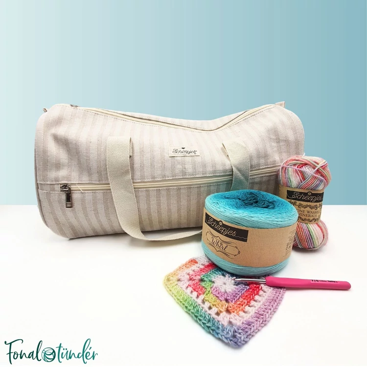 Scheepjes Knitbag - striped beige - Projekt Táska - csíkos vászon - kötéshez, horgoláshoz