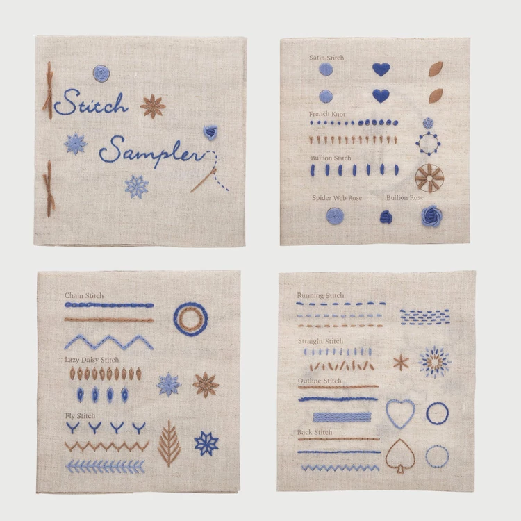 Tulip Embroidery sampler book - 15 basic stitches blue - hímzés készlet