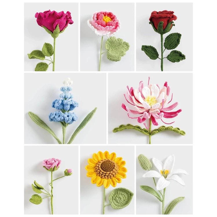 Virágcsokor Horgolótűvel 35 virág és zöld növény mintája egy könyvben